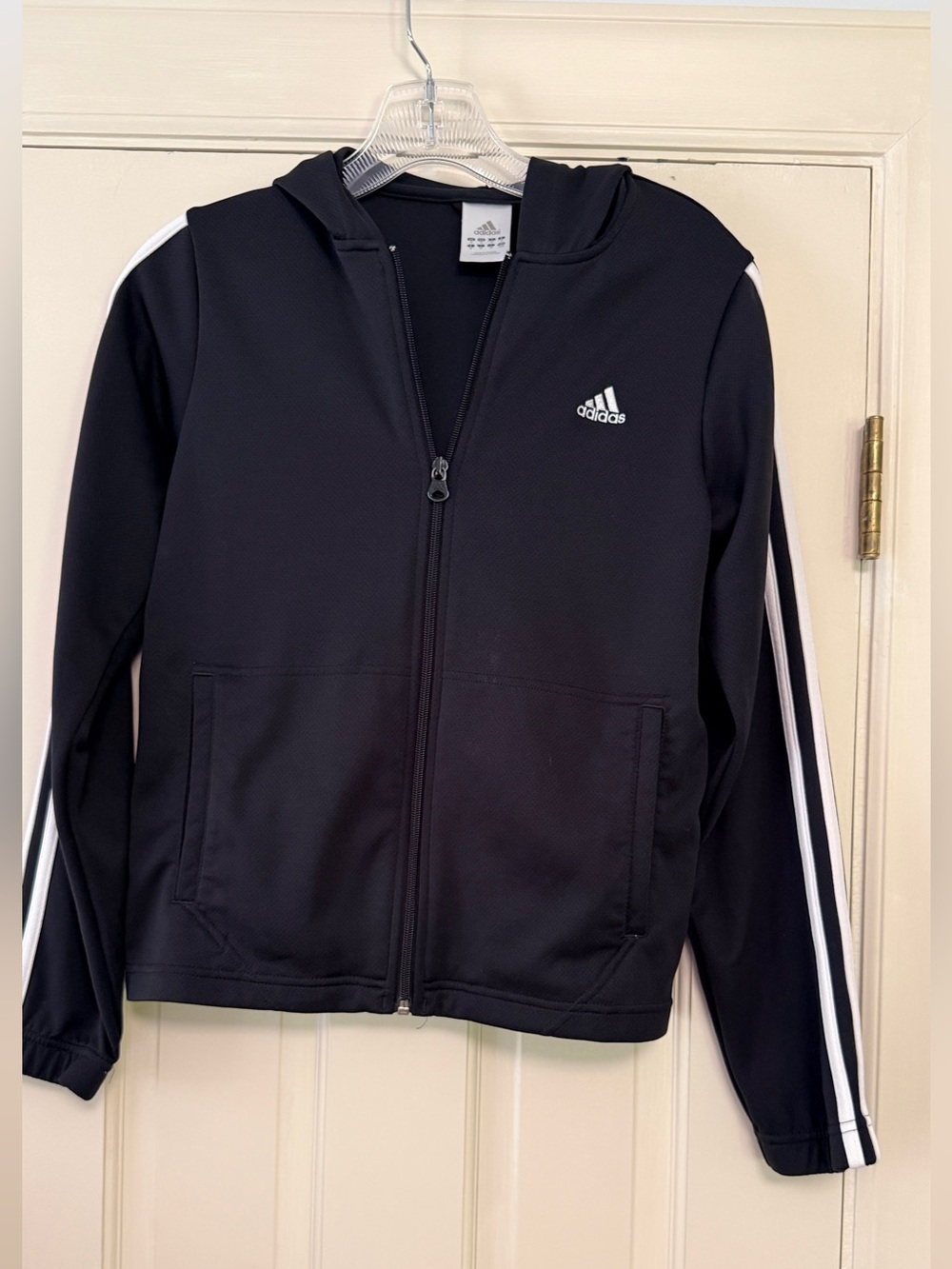 adidas Black Hooded Zip Jacket with White Sleeve Stripes